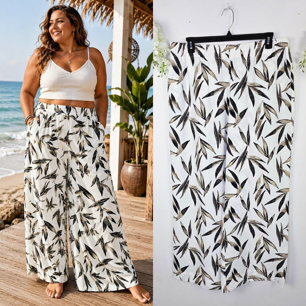 Cato High Rise Palazzo Pants XL White Leaf Print Wide Leg Boho Resort Breachy